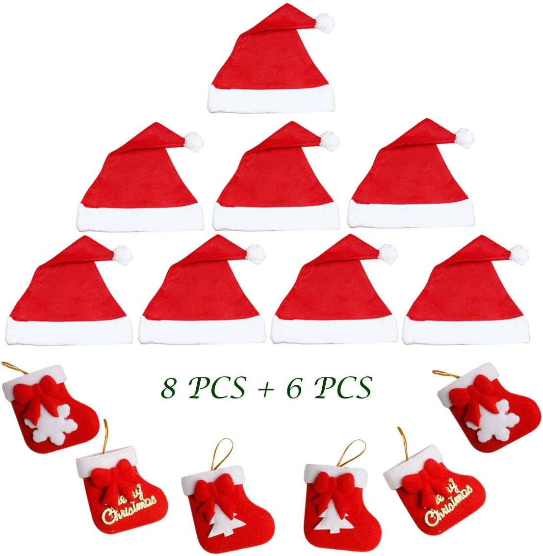 Vegkey 8 Pcs Santa Hat Christmas Hats, 6 Pcs Mini Christmas Socks, Christmas Party Hat Unisex Adult and Christmas tree Decor Mini Christmas Socks Decorations Stocking Bag