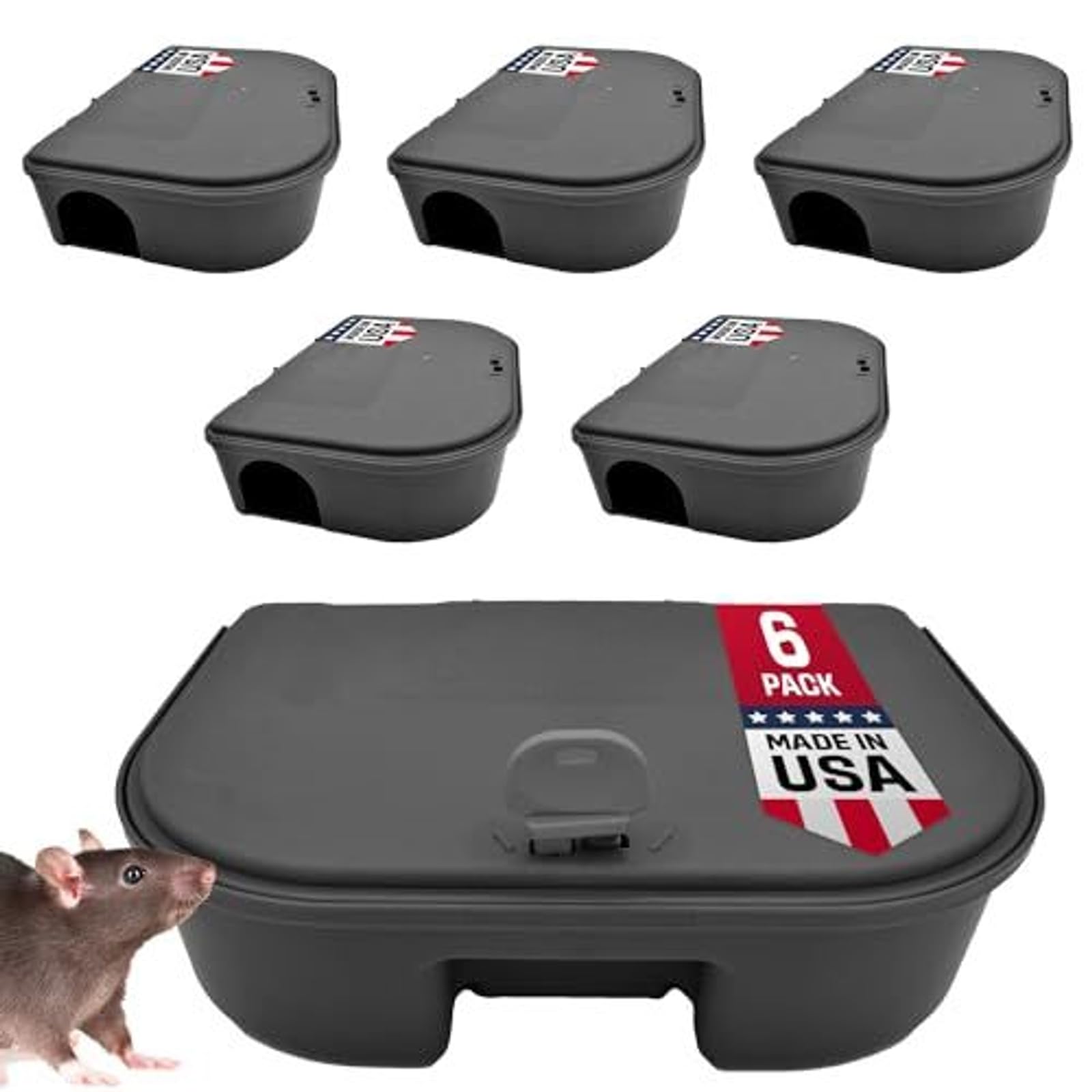 Photo 1 of Exterminators Choice Mouse Bait Station Kit - Heavy-Duty Indoor & Outdoor Use - Bait Stations for Yard - Secure Key-Lock Design - Pack of 6, 1 Key, Black, 4.75in x 3.5in x 1.25in