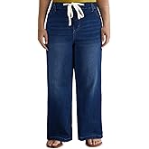 Eytino Women's Plus Size Wide Leg Jeans Elastic Waist Drawstring Stretchy Denim Pants with Pockets(1X-5X)