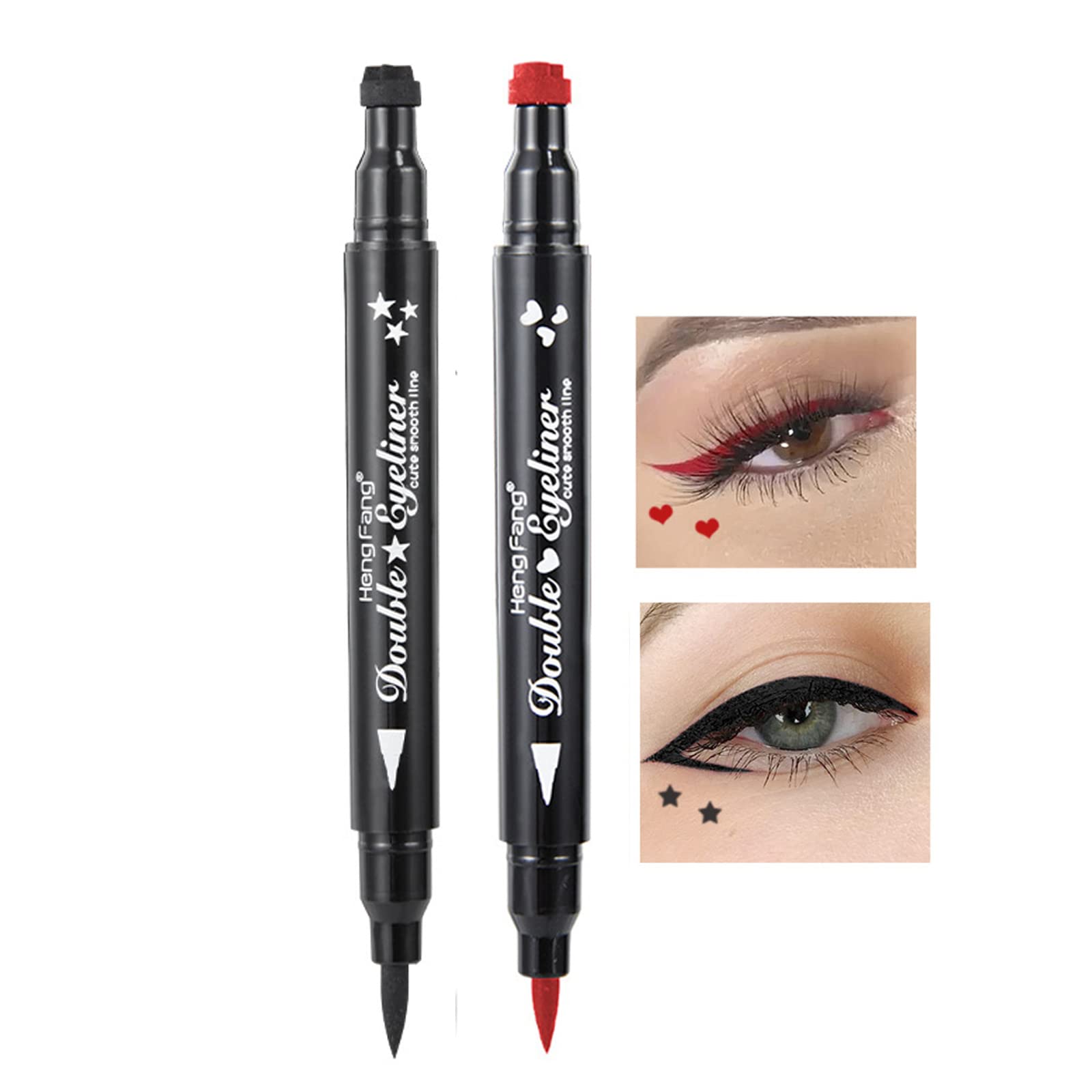 Eyeliner Stamp-OCHILIMA Double-sided Liquid Eyeliner Pen with Eye Makeup Stamp, Waterproof, Double Sided & Long Lasting Seal Tattoo Makeup Tool Red Black Stamp Pen (Red love Black star)
