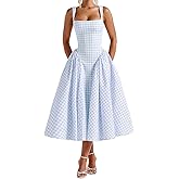 Fullvigor Women Spaghetti Strap Long Dress Corset Gingham Square Neck Backless Maxi Dresses A Line Beach Vacation Sundress