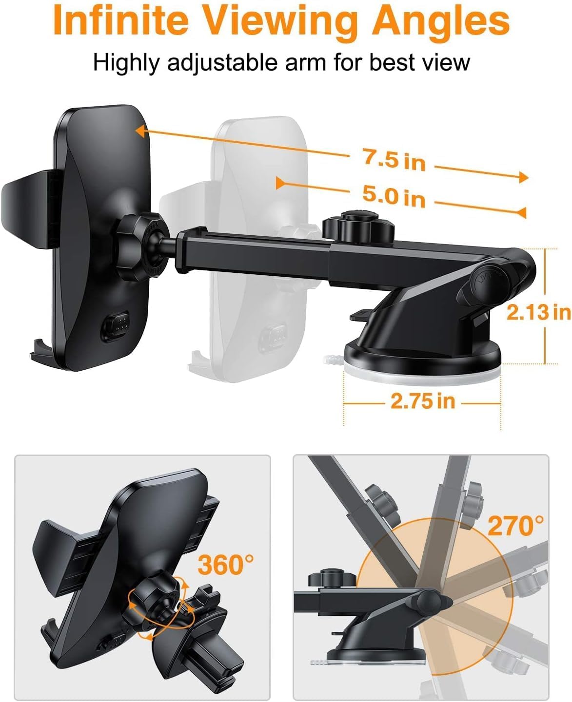 [True Anti-Vibration] Car Phone Holder VANMASS【2025 Ultimate Military-Grade Upgraded】Suction Cell Mount Truck Stand Cradle for Dashboard Windshield Vent for iPhone 16 Pro Max 15 14 13 Samsung Android