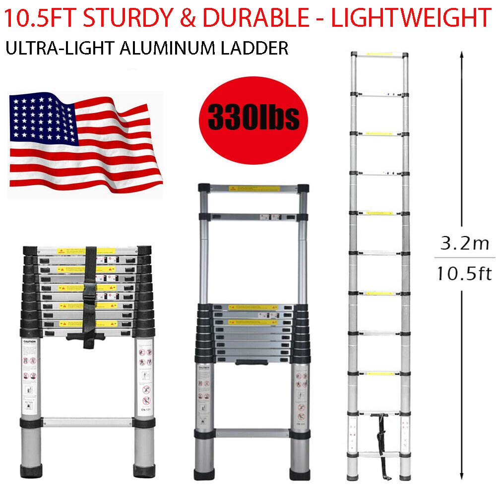 10.5FT Sturdy & Durable Ultra-Light Aluminum Ladder Telescopic Ladder Single Side Extension 11-Step Aluminum Stretchable Practical Tool for Many Working Areas