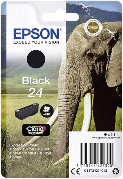 Epson 24 Black Elephant Claria Photo HD Ink Cartridge Standard Capacity T2421
