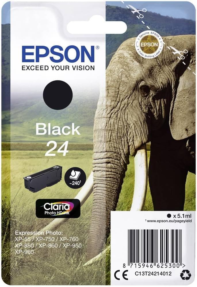 Epson 24 Black Elephant Claria Photo HD Ink Cartridge Standard Capacity T2421