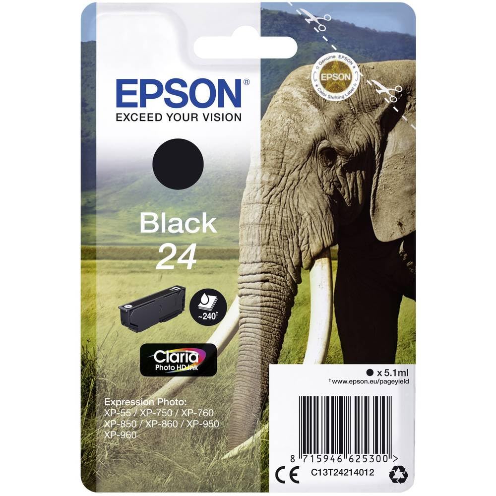 Epson 24 Black Elephant Genuine, Claria Photo HD Ink Cartridge, Standard Capacity