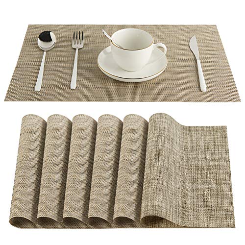 Vivi&Stitch Wipeable Placemats, 6 Pack Table Placemats, Easy to Clean Heat-Resistant Stain Resistant Anti-Skid Woven Vinyl PVC Table Mats for Kitchen Dining Table(Linen)