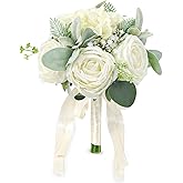 SEMONONIA Wedding Bouquets for Bride Bridesmaid 8.5 Inch Ivory White Artificial Roses Flowers Bridal Bouquets for Bride Wedding Marriage Proposal Party Church Decoration