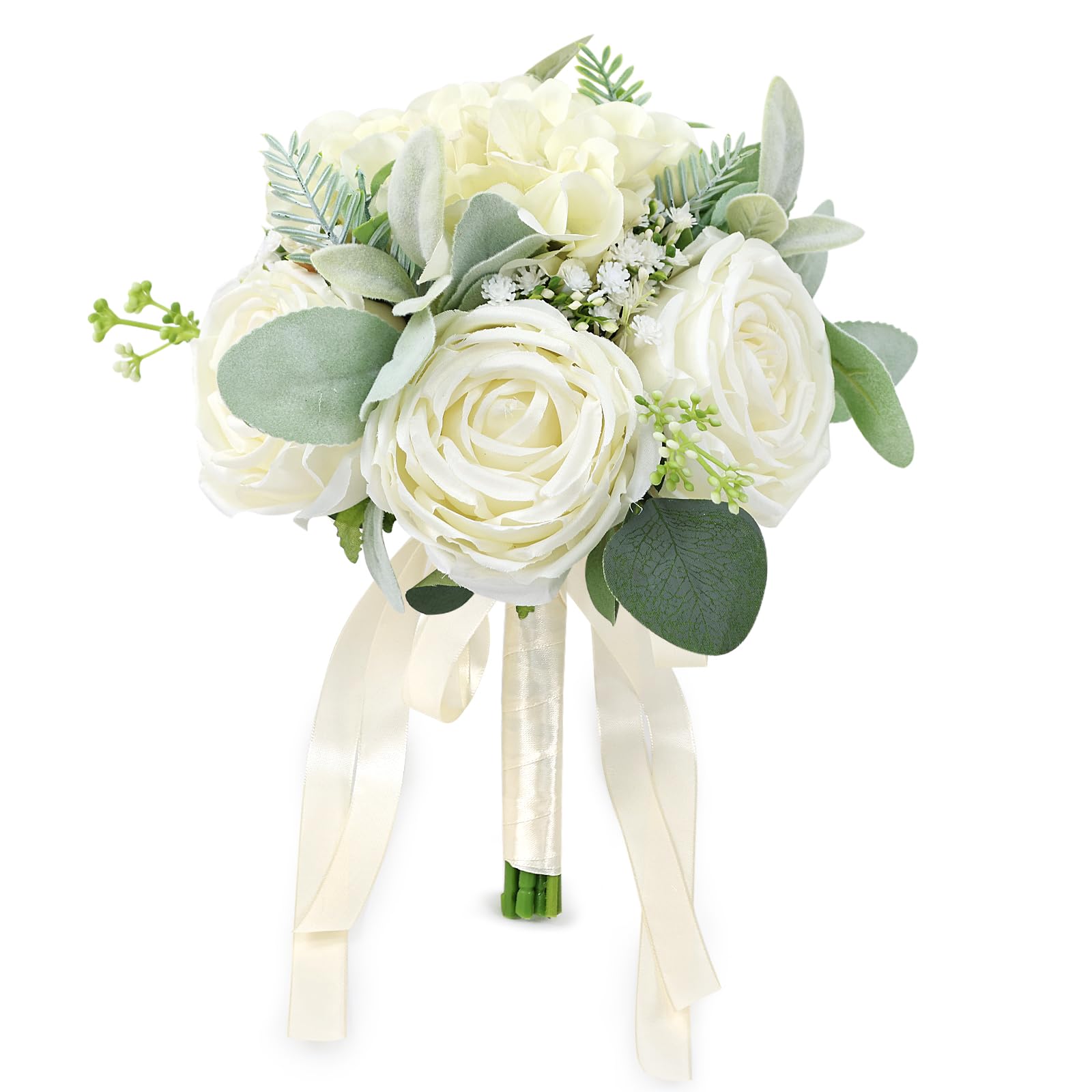 Photo 1 of SEMONONIA Wedding Bouquets for Bride Bridesmaid 8.5 Inch Ivory White Artificial Roses Flowers Bridal Bouquets for Bride Wedding Marriage Proposal Party Church Decoration