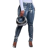 LKOUS Women's High Waist Stretchy Skinny Metallic Silver Jeans, Sexy Sparkly Slim Fit Denim Pants with Pockets