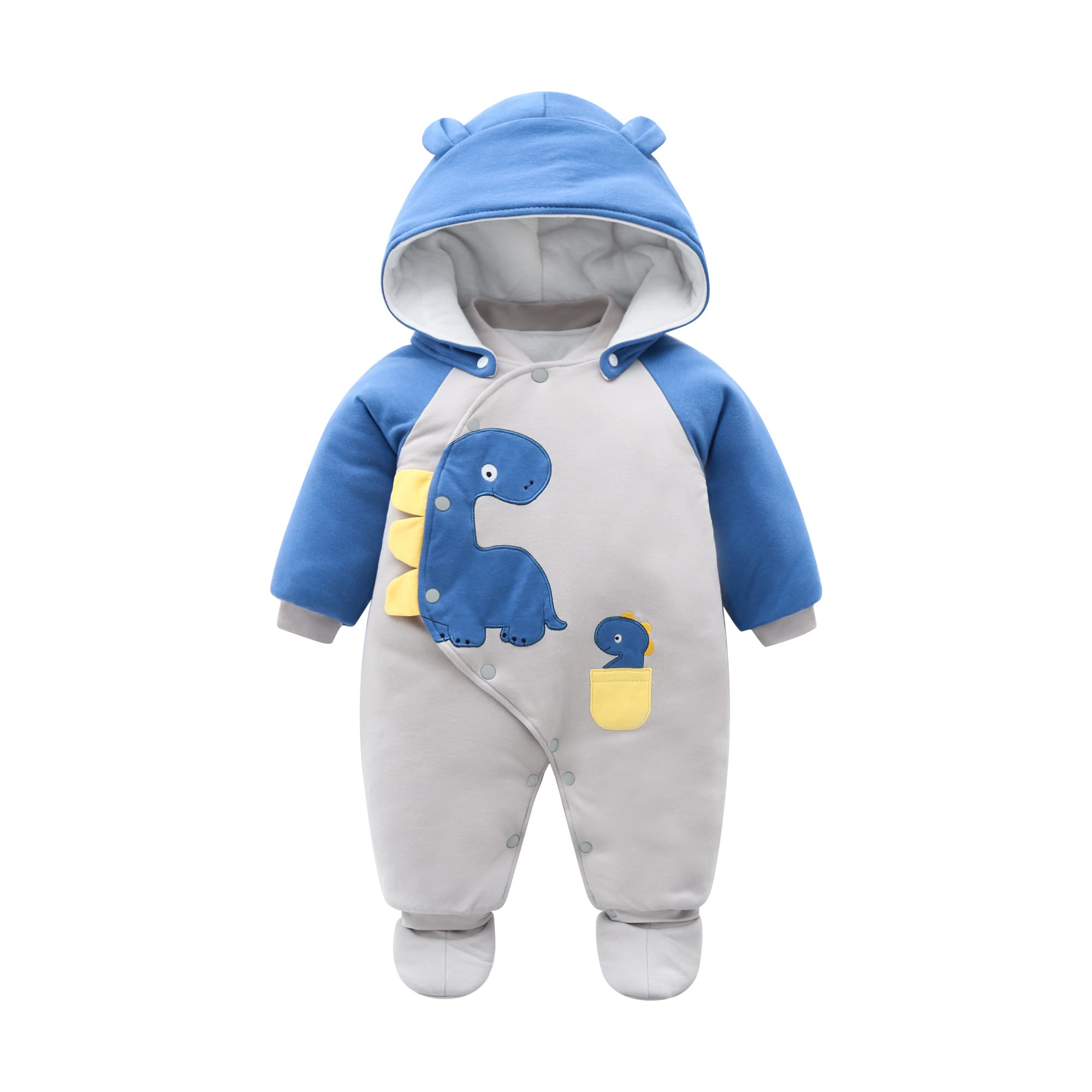 Minizone Baby Snowsuit Boys Girls Winter Romper Cotton Jumpsuit Detachable Hooded Footies Outfits Warm Long Sleeve Cartoon Dinosaur Newborn Gift for 3-6 Months Blue