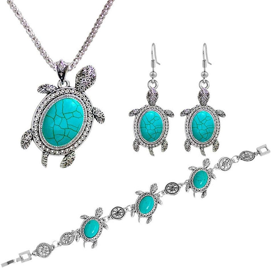 Turtle Necklace Pendant Cute Animal Sea Tortoise Turquoise Dangle Drop Earrings Hook Hollow Circle Flower Bracelet for Women Girls Jewelry Set