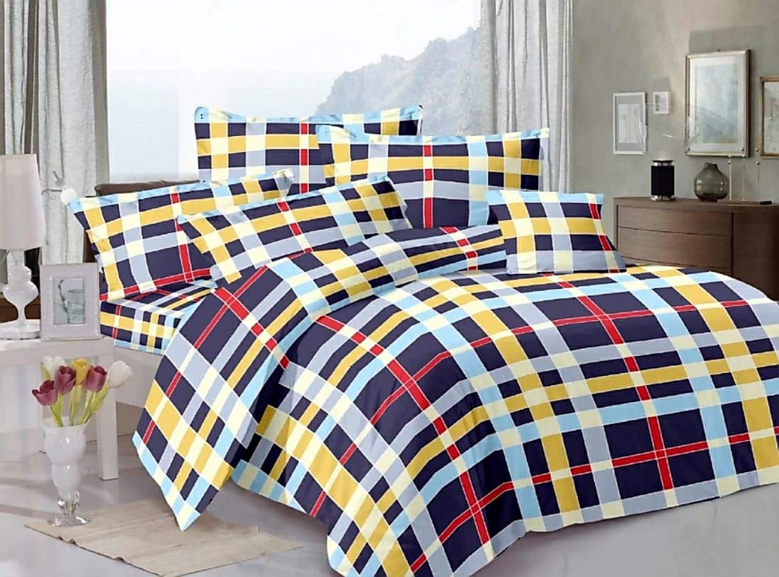 Nisha Handloom 5D Cotton Double Checkered bedsheet (Blue, King) Amazon
