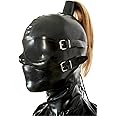 Black Latex Hood Mask with Blond Ponytail Wig and Removable Blindfold and Mouth Piece Back Zipper Open Eyes Mouth Nose