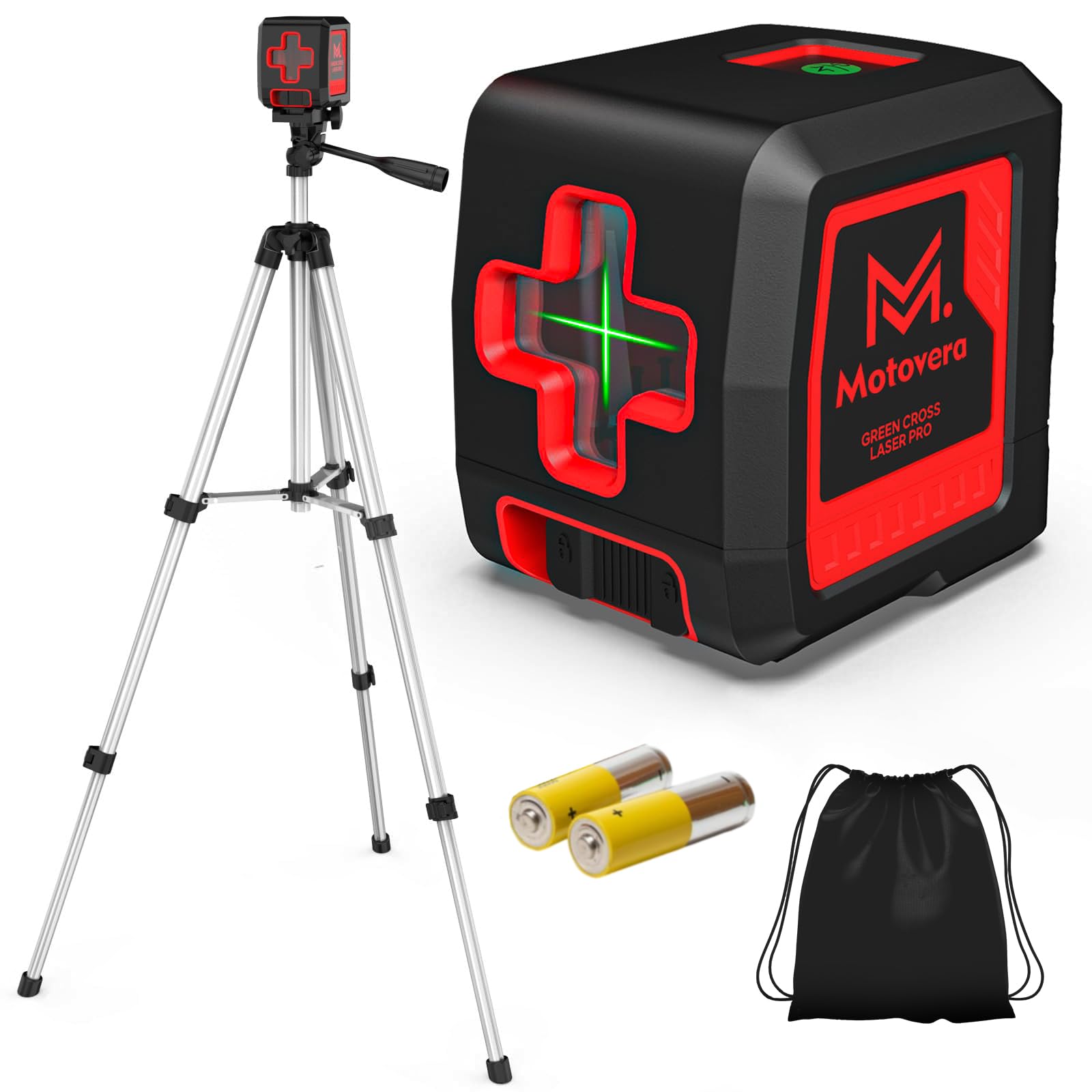 View 1 of **MISSING CARRYING BAG***Motovera Laser Level with Tripod, 100 feet Green Cross Line Self Rotary Leveling Laser Level, 4 Brightness Adjustment, Manual Self leveling and Pulse Mode,IP54 Waterproof Battery Carrying Bag Included