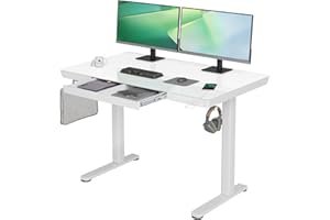 YDN Glass Standing Desk with Drawers, 48 x 24 Inch Electric Stand Up Desk with USB Ports, Adjustable Height for Home Office, White