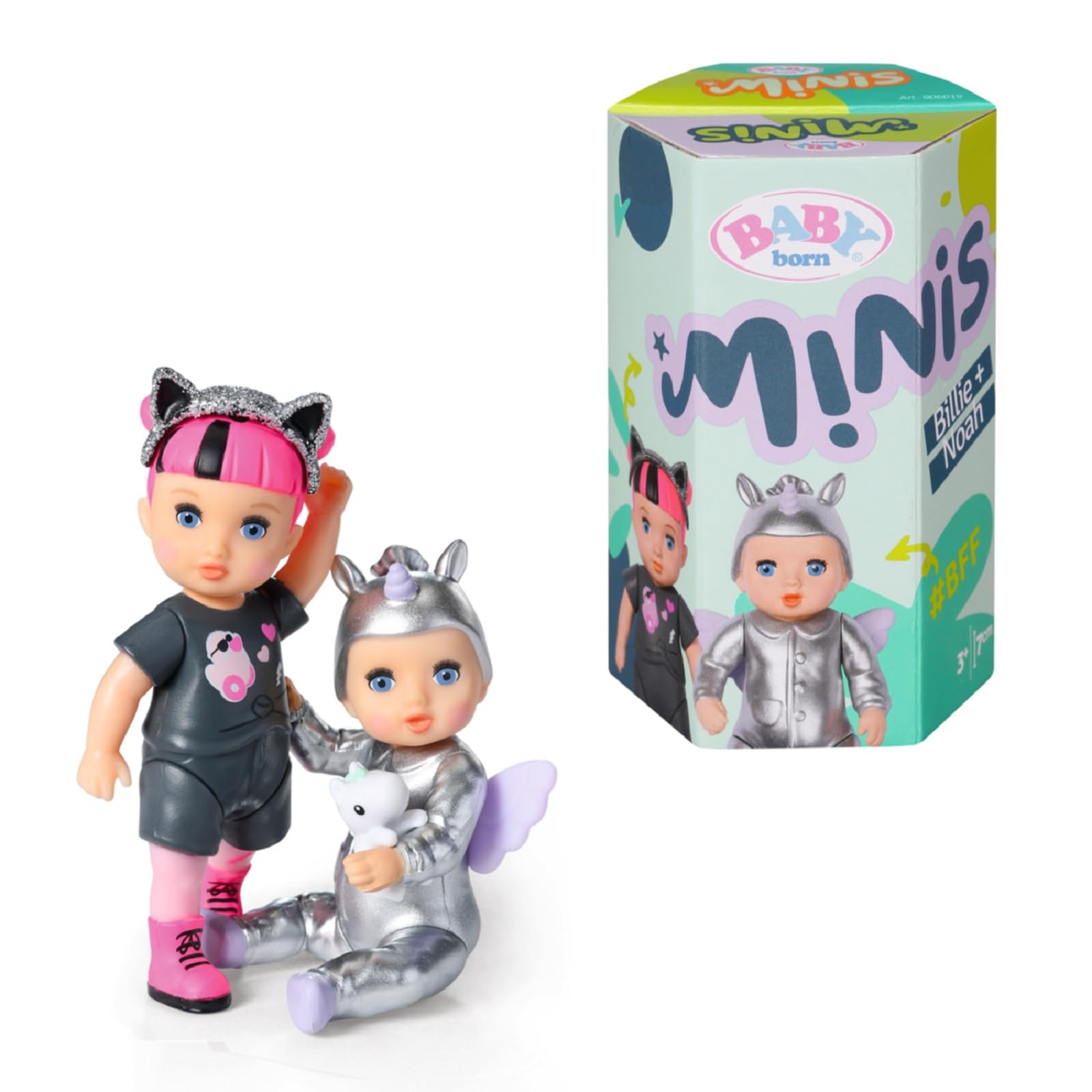 BABY born Minis Online Double Pack 4 Noah and Billie 906057 - 6.5cm Doll with Metallic Colour Outfit and 7cm Doll with Removeable Headband - Suitable for Kids From 3+ Years