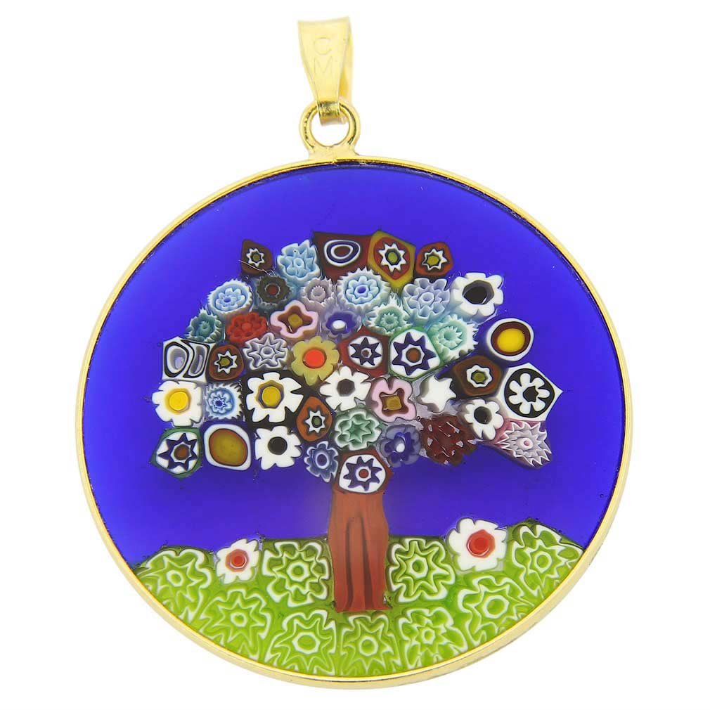 Glass Of Venice Millefiori Murano Glass Pendant for Women Round Multicolor Tree of Life On Blue 32mm, Gold-Plated Sterling Silver .925 Frame and Bail