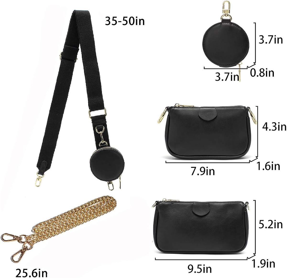 Small Crossbody Bags for Women Multipurpose Golden Zippy Handbags with Coin Purse including 3 Size Bag (Black): Handbags: 