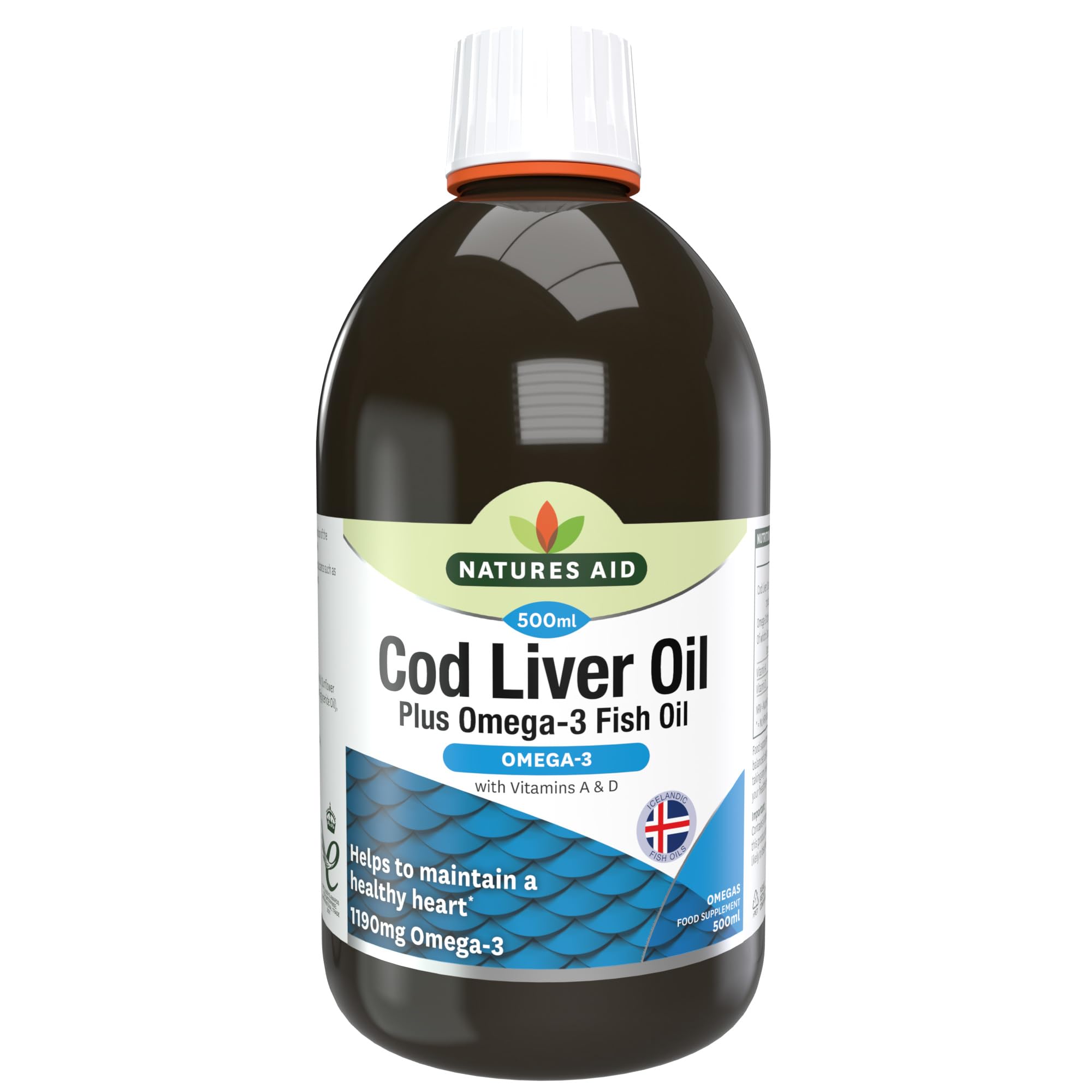 Natures Aid Cod Liver Oil Liquid 500ml - High Strength Omega-3 Fish Oil with Vitamins A & D - Supports Immune System Heart Health Brain Function and Vision - Non-GMO - Purity Guaranteed