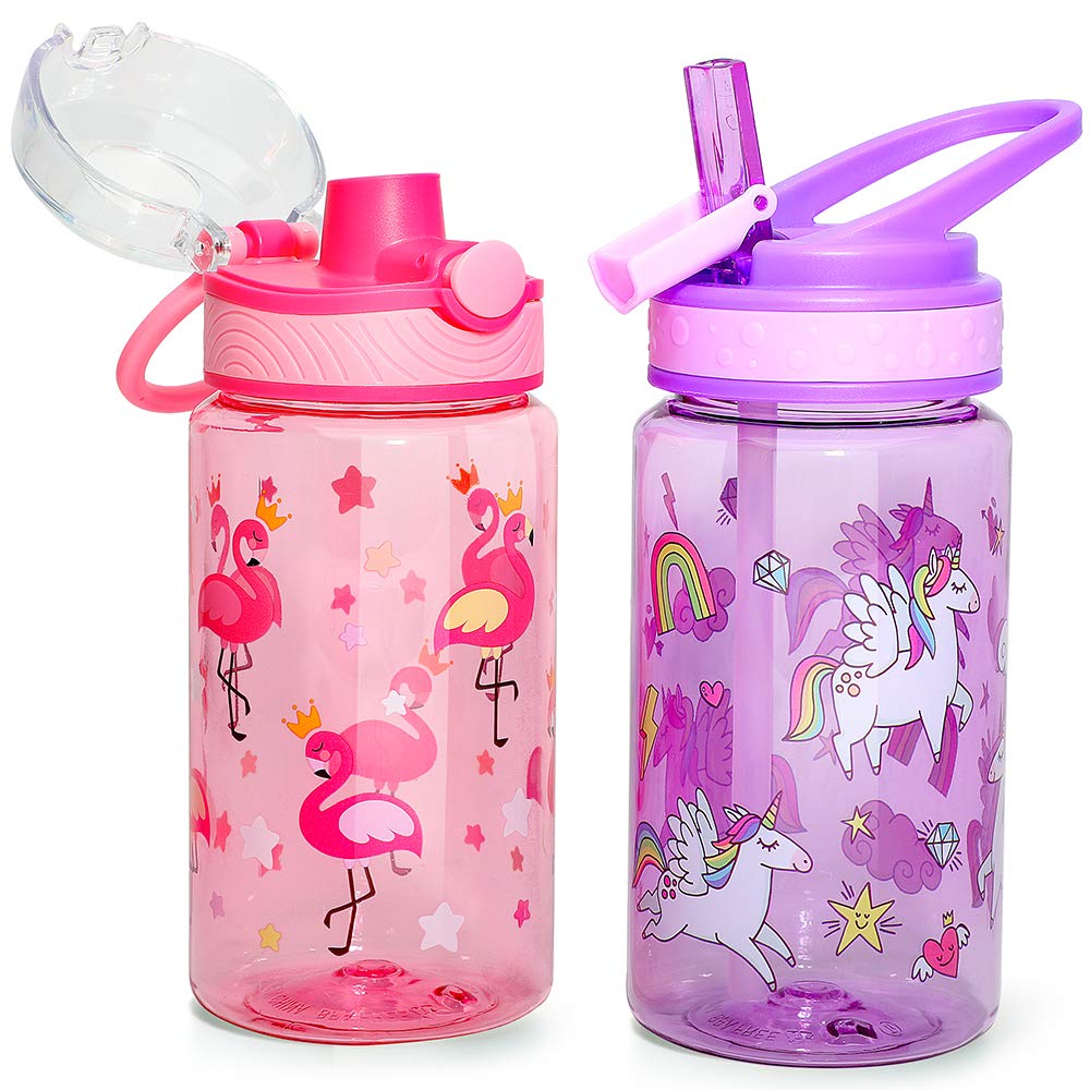 Home Tune Kids Water Drinking Bottle (470ml)- Tritan BPA Free, Auto Flip Chug Lid, Sip Straw Lid, Carry Loop, Lightweight, Leak-Proof Water Bottle Cute Design Girls & Boys - 2 Pack Unicorn & Flamingo — image 1