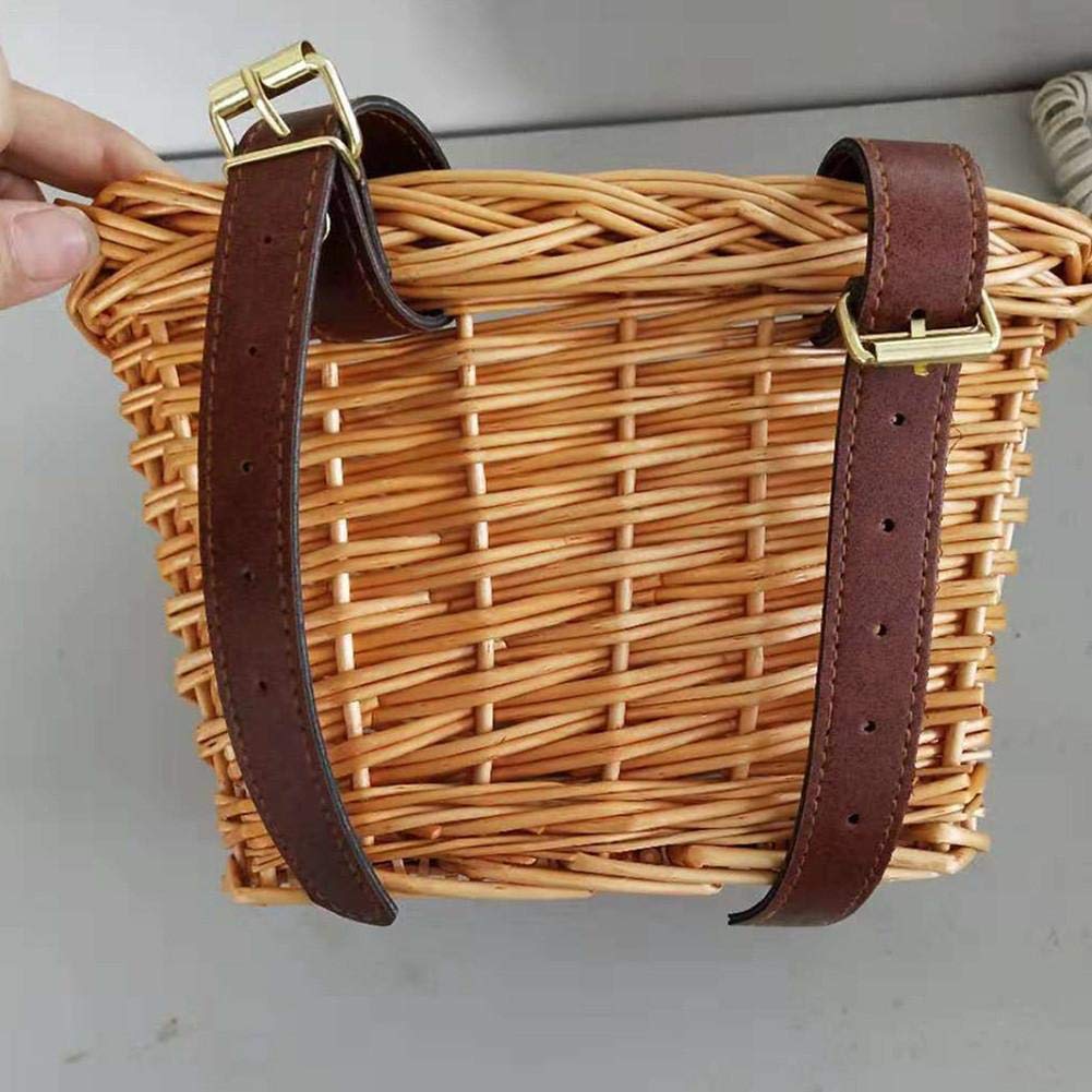 Retro Handmade Wicker Bicycle Front Basket with Leather Straps