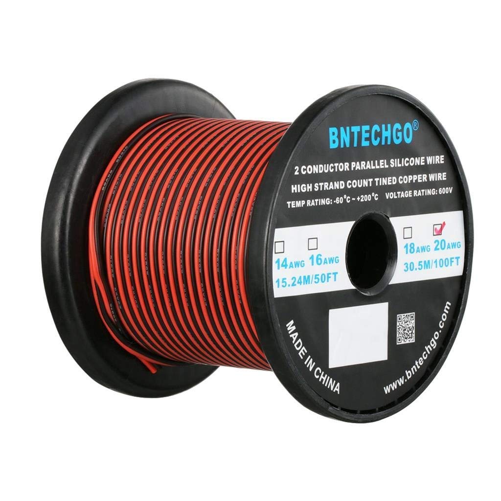 BNTECHGO 20 Gauge Flexible 2 Conductor Parallel Silicone Wire Spool Red Black High Resistant 200 deg C 600V for Single Color LED Strip Extension Cable Cord,model,100ft Stranded Tinned Copper Wire