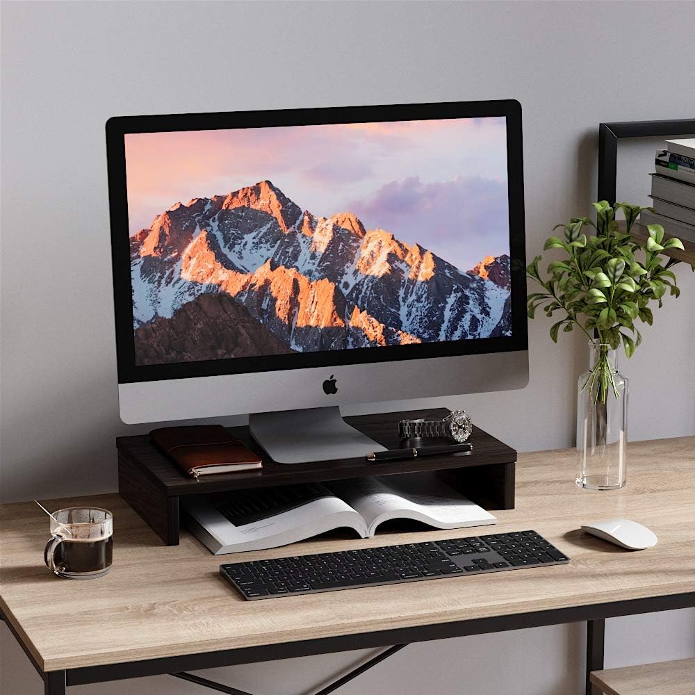Bestier Monitor Stand Riser Wood Monitor Riser PC Stand Shelf for Desk Monitor/TV Stand Desktop Laptop Stand Wooden Desk Riser P2 Wood (Brown) : Office Products