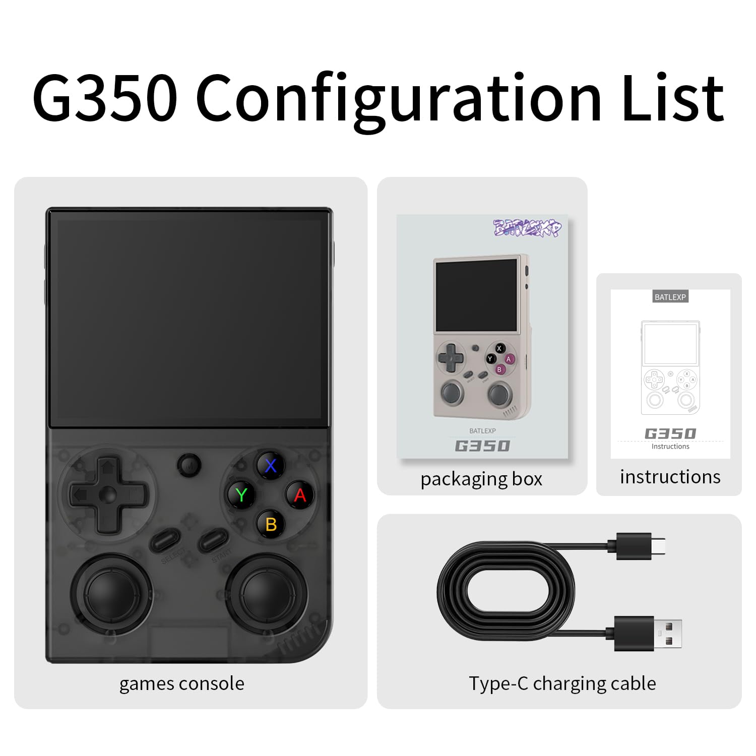 G350 Handheld Game Console , 3.5 Inch IPS Screen Linux System 3200 mAh Battery 4371 Games Preloaded , Portable Retro Video Games Console Support Wired Controller and Earphone (Transparent Black)