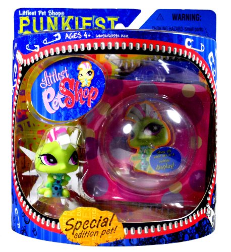 Hasbro Year 2007 Littlest Pet Shop Special Edition Pet PUNKIEST Series Bobble Head Pet Figure Set - Punk CATERPILLAR with Necklace and Show-Off Bubble Display Case (64052)