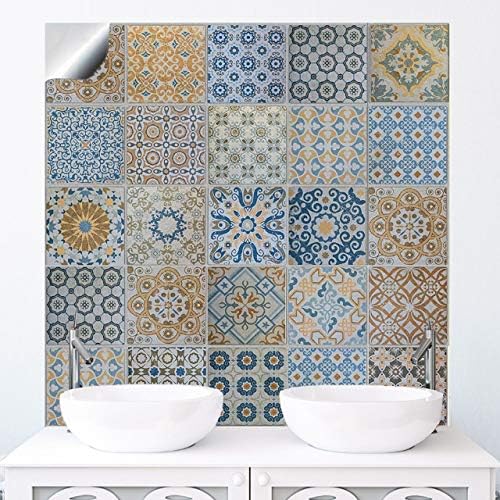 Multi Pack of 24 Victorian Moroccan Traditional Wall Tile Sticker Transfers Retro Mosaic Style 6x6 Self Adhesive Peel & Stick Kitchen Bathroom Decals. Six inch Tile Cover Ups for Home Decor - T60