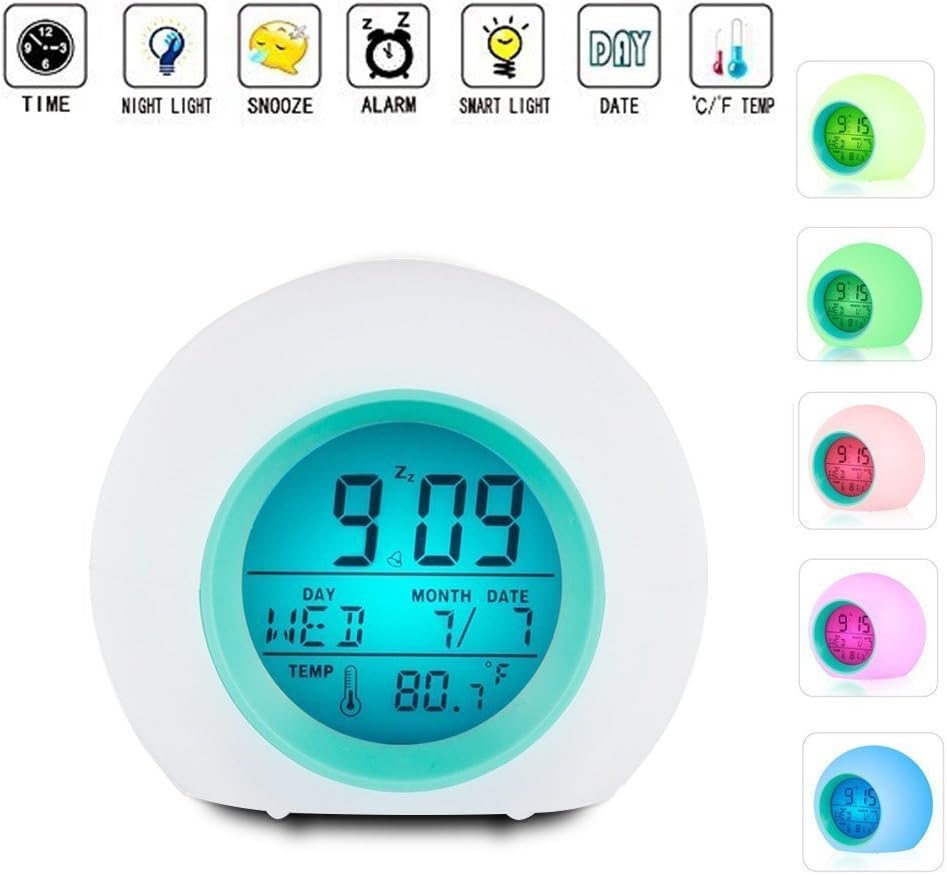 Alarm Clock LED Wake-up Light with Temperature Alarm Clock for Adult Children, Toddlers, Teens, Colourful Light Together With Melodie Natural Music, Send Nature Change 7 Colours of Bright and Warm Col