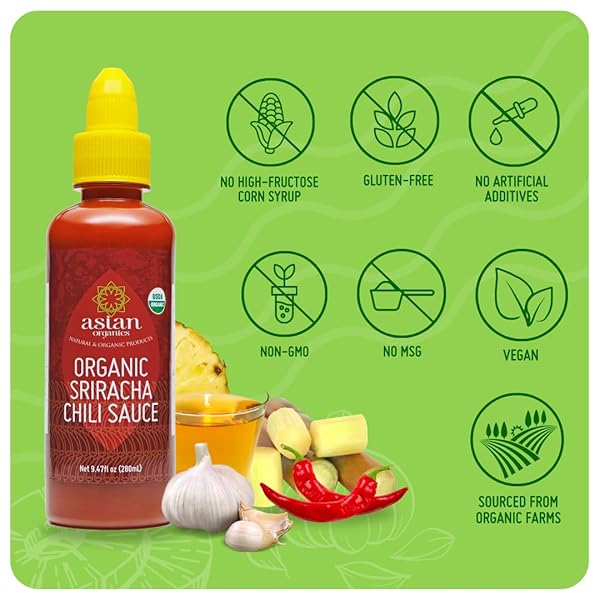 ASIAN ORGANICS SRIRACHA HOT CHILI SAUCE – THAI CHILI SAUCE, USDA ORGANIC, NON-GMO, GLUTEN-FREE, NO MSG – AUTHENTIC SIRACHA SAUCE, 9.47OZ/280ML BOTTLE