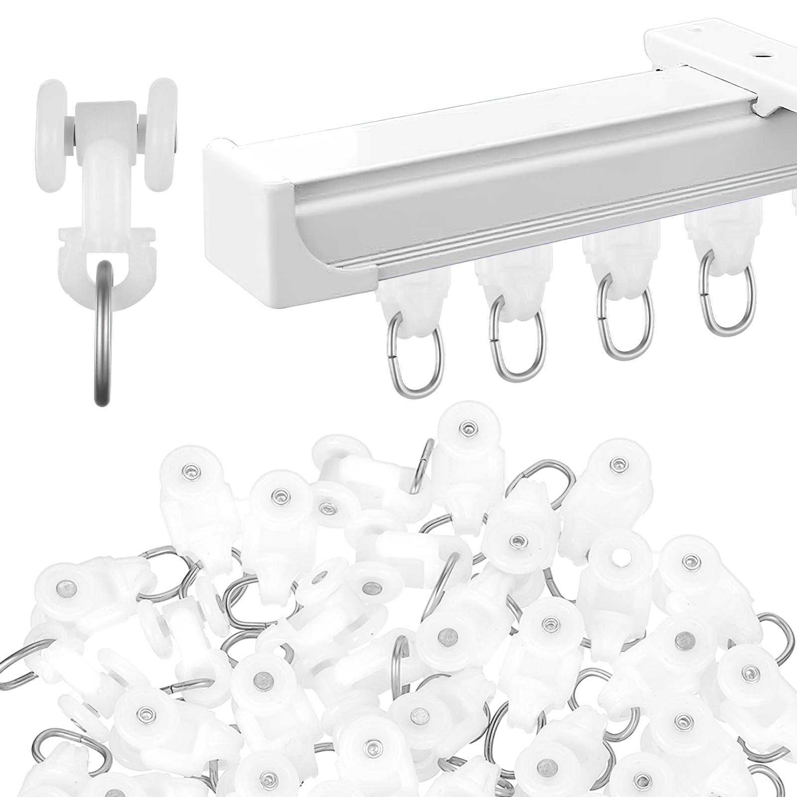 Photo 1 of 50Pcs Curtain Track Gliders Track Rail Runners with Dual Rollers Hooks Mute Wheel Rollers Ball Pulley Roller Hooks Curtain Glider for Ceiling Drapes, Shower Curtains, Room Dividers, Window Treatments