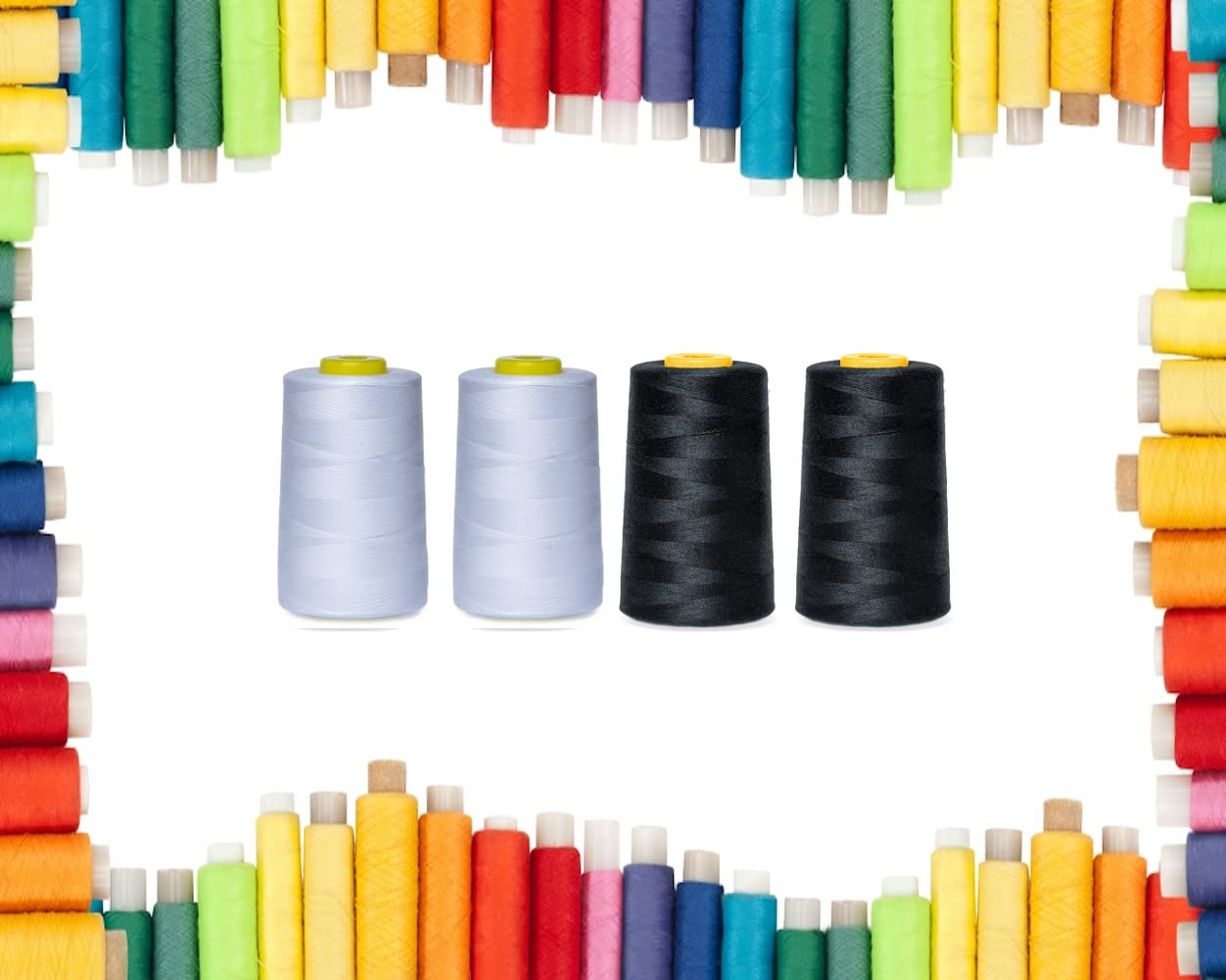 Rohans Overlock Yarn 40/2 (120), 5000 Yards (4570 Meters) Sewing Thread Cones, Sewing Machine Multi Colour Yarn Cones, 100% Polyester Material (White & Black, 4) — image 1