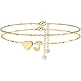 M MOOHAM Gold Initial Ankle Bracelets for Women - Layered Heart Letter A-Z Initial Dainty Gold Anklets for Women Waterproof, Womens Anklets Jewelry Birthday Gifts Jewelry