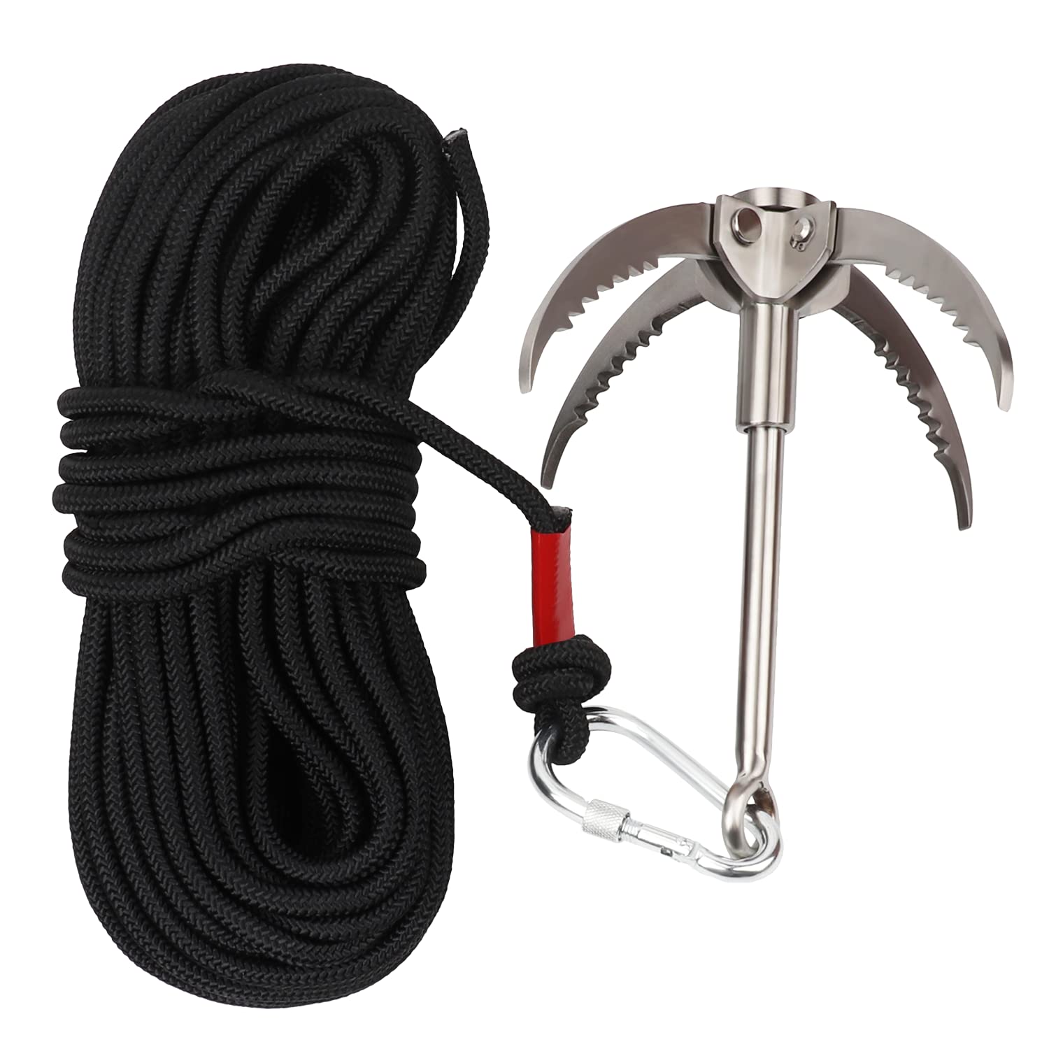 Grappling hook with hook rope nylon rope, including 400 kg stainless steel claw gravity hook foldable with 20 meters auxiliary rope outdoor mountaineering rescue water