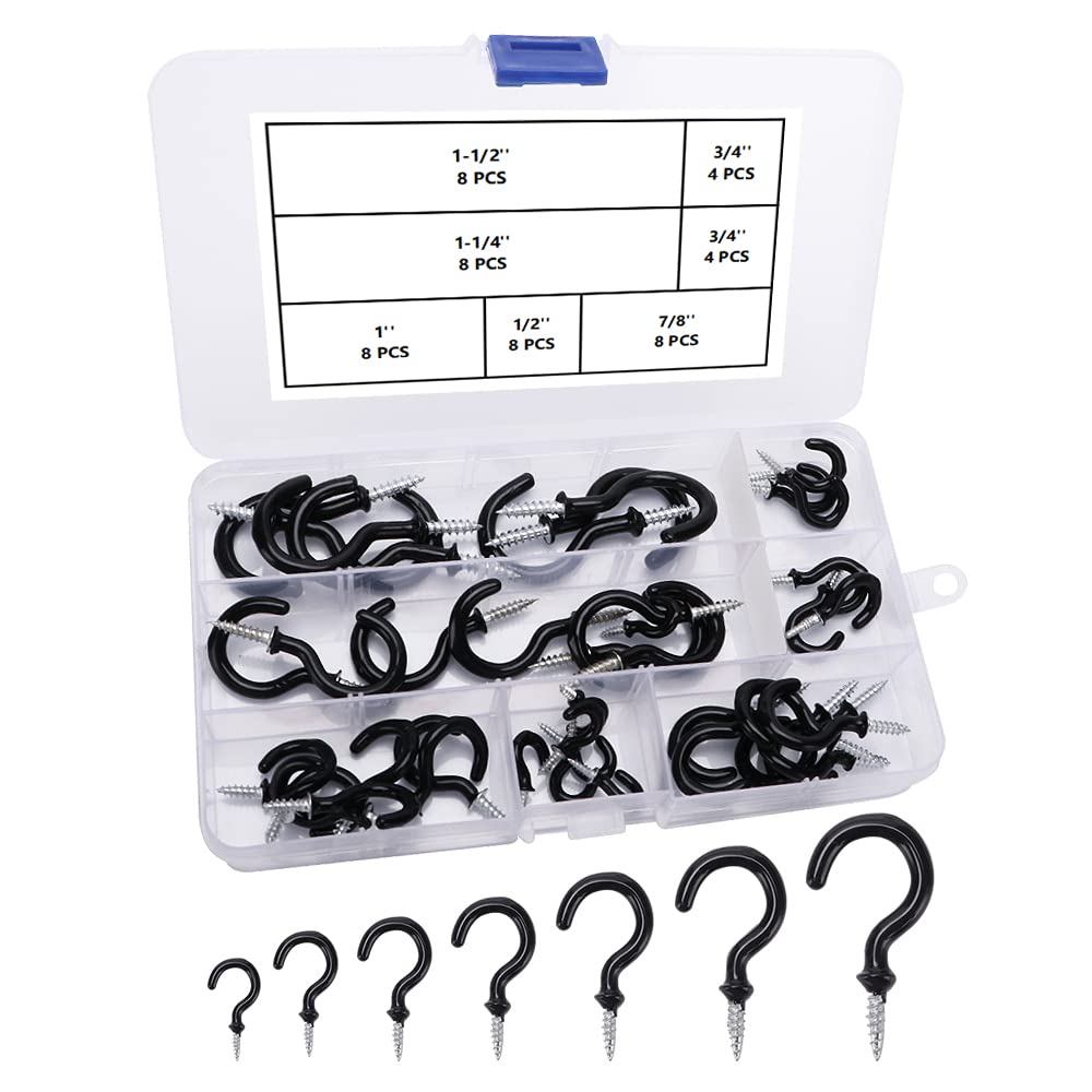 VooGenzek 48 PCS Hook Screws, Screw in Ceiling Hooks, Coated Cup Hooks with Protective Cover, Vinyl Coated Ceiling Screw Hooks, 6 Sizes - Black