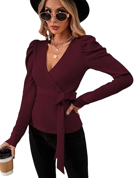 MILUMIA WOMEN’S ELEGANT BELTED WRAP V NECK BLOUSE...