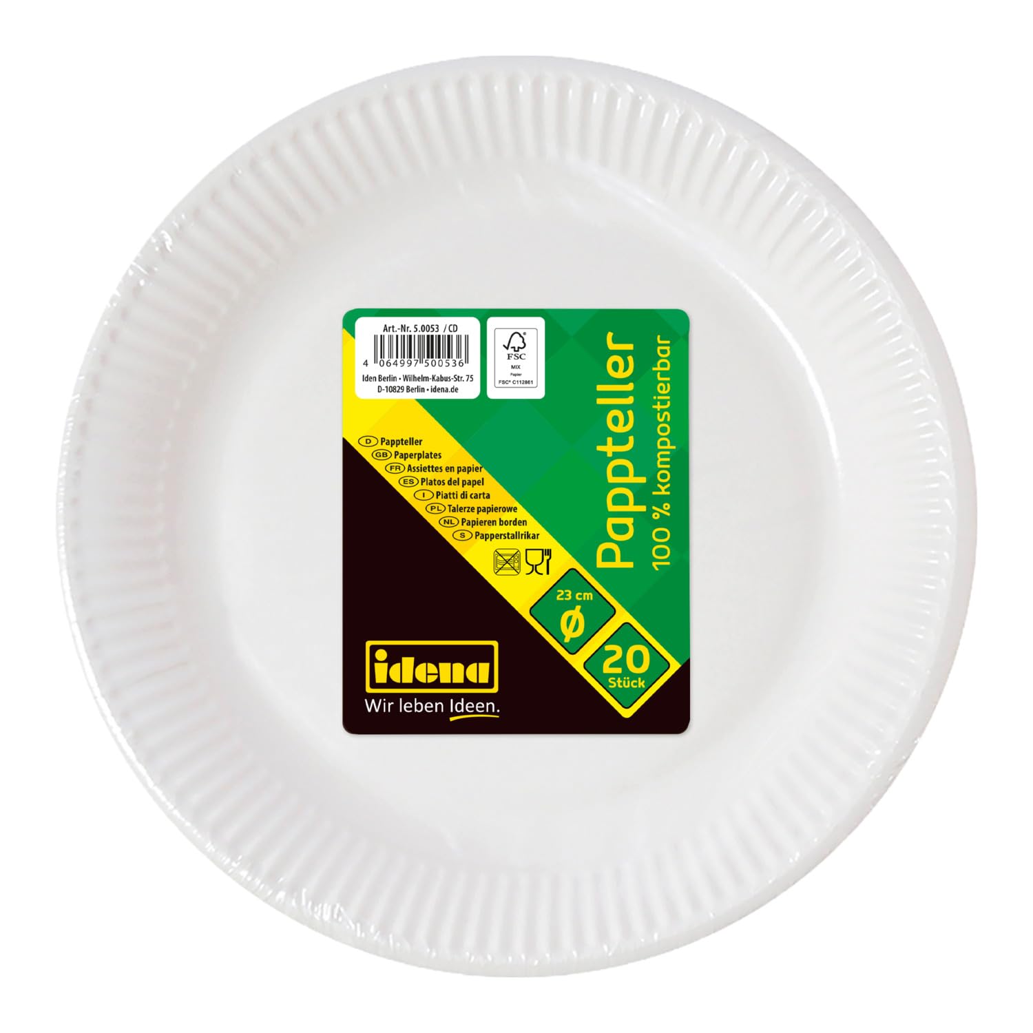 Idena 50053 - Party Plates White, Pack of 20, Diameter 23 cm, Paper Plates, Disposable Tableware, Plates, Party