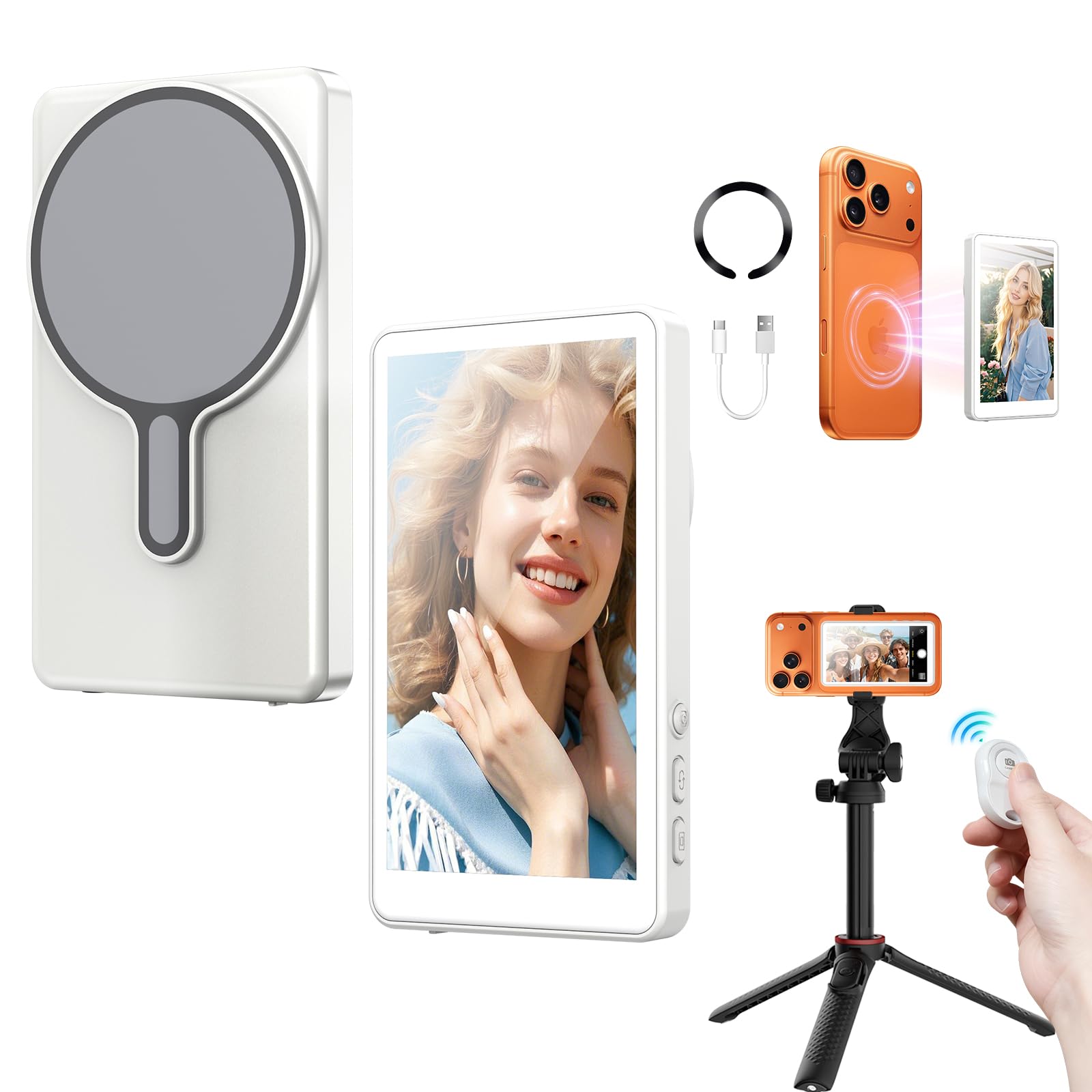 Photo 1 of Magnetic Selfie Monitor Screen for iPhone & Android, Wireless 4K/1080p Phone Vlog Back Camera Monitor for Content Creator, Influencer, Live Streaming, TikTok (White)