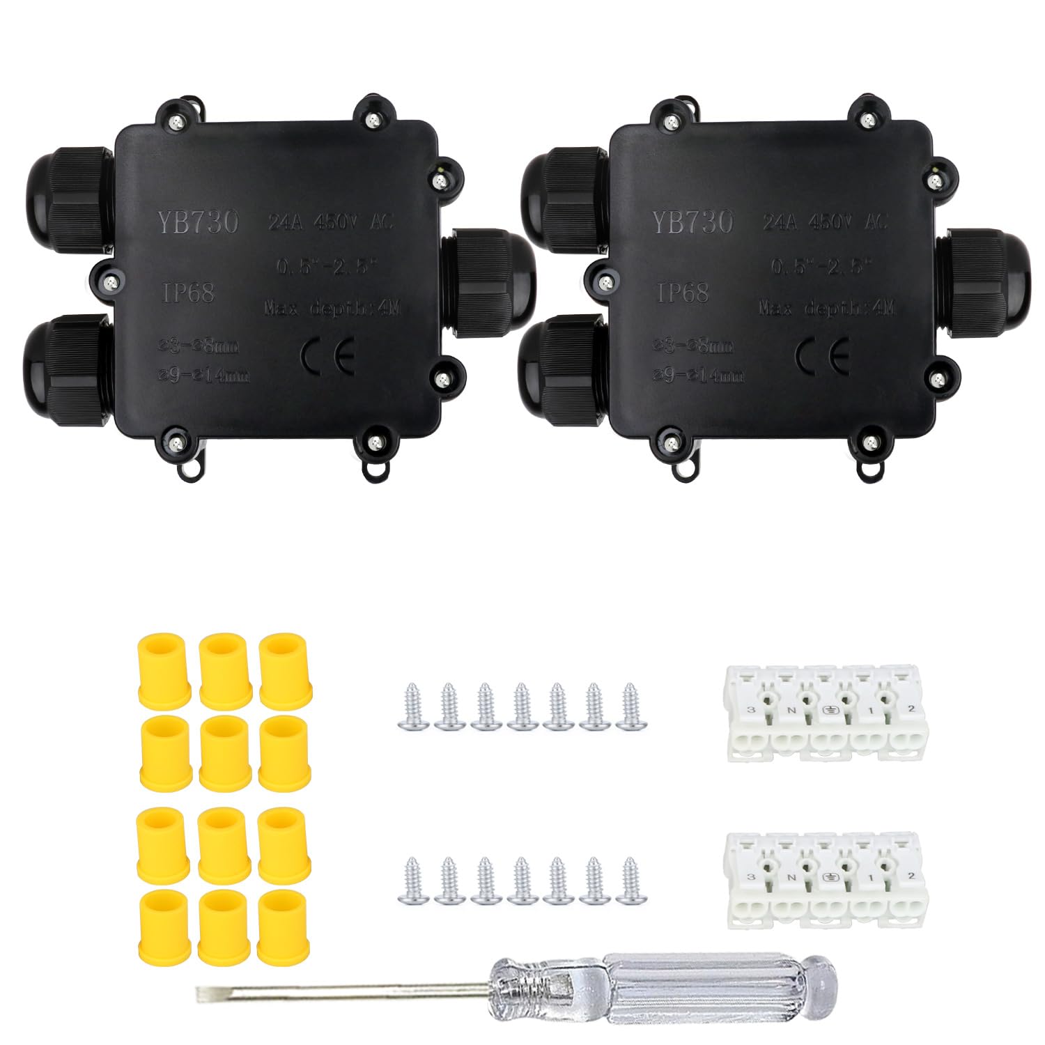 Photo 1 of Helunsi 2 Pcs Waterproof Junction Box 3 Way, IP68 External Waterproof Electrical Junction Box, Black Underground Junction Box Outdoor Cable Connector, for Diameter 5mm -14mm Wire Gland (Larger)