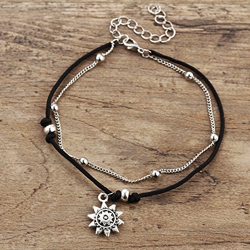 ATIMIGO 2PCS Boho Beach Layered Rope Anklet Bracelet Sunflower Elephant Charm Handmade Foot Jewelry for Women Teen Girls