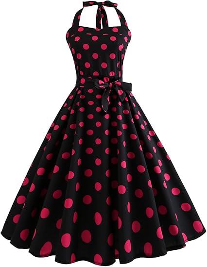 Amazon Babyonlinedress ベビーオンラインドレス フォーマル 結婚式 ミディワンピース スイングワンピース お呼ばれ ドット ワンピース ヴィンテージスタイル ホルターネック レディース きれいめ ベルト付き パーティードレス 通販