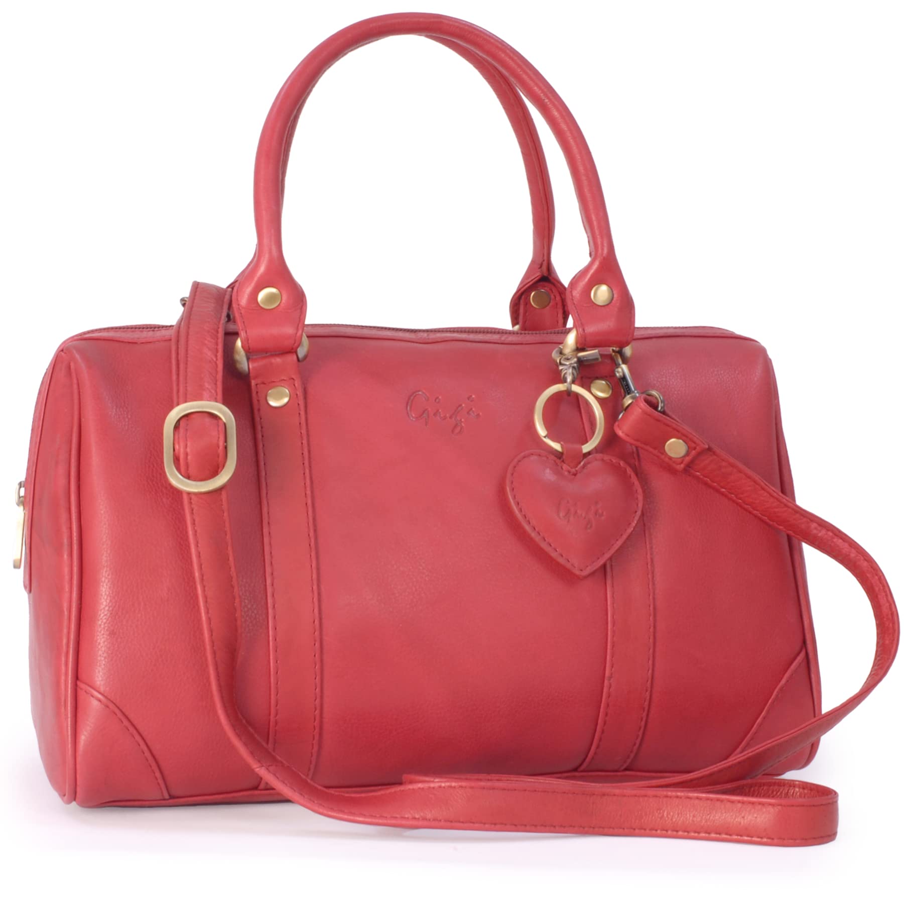 Gigi - Women's Leather Top Handle Bag - Ladies Medium Handbag - Detachable Cross Body Strap - With Heart Keyring Charm - Othello 5067 - Red