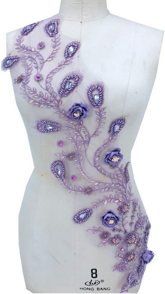 Purple 3D Flower Pearl Beaded Embroidered Glitter Decorative Patch Lace Applique Garment for DIY Wedding Decoration Bridal Dress