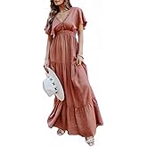 Amegoya Women's Casual Short Sleeve V Neck Floral Maxi Dresses Boho Beach Photoshoot Flowy Ruffle Long Dress