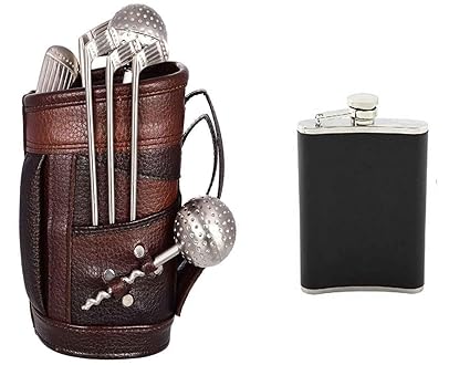 MSA JEWELS Lavanaya Silver Golf Bar Tool Set with Leather Finish Bag and Whisky Flask Combo Pack