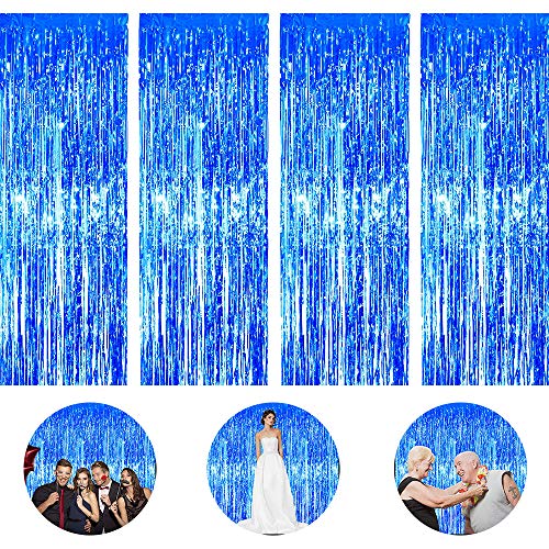 pozzolanas 4 Pack Foil Fringe Curtain Metallic Tinsel Shimmer Party Photo Backdrop Curtains for Birthday, Engagement, Baby Shower, Weddings Party and Celebrations Backdrop Decorations(Blue)
