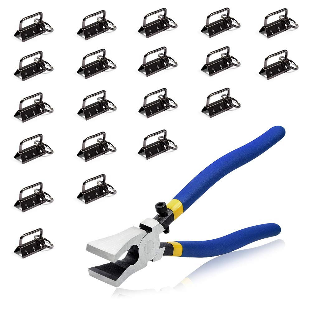 SPEEDWOX 20 Pcs Keychain Fob Hardware Set with Glass Breaking Pliers Tools Key Fob Pliers for 1.25 Inch Webbing Fabric Strapping Wristlet Key Fob Antique Black Hardware